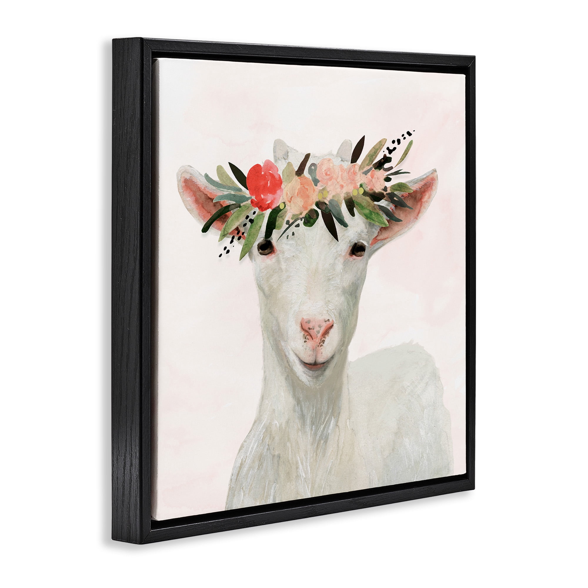 Stupell Industries Springtime Flower Crown Baby Goat Animals & Insects Painting Black Floater Framed Canvas Art Print Wall Art, 18 x 18