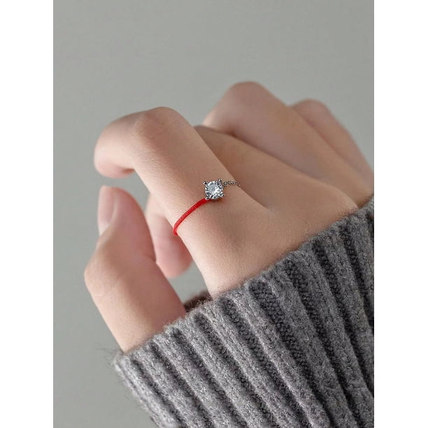 1pc Fashionable S925 Silver Single Cubic Zirconia & Red Rope Combination Adjustable Ring, Suitable For Women's Everyday Wear, Elegant & Simple & Versatile, Ideal For Layering, Bringing Good Luck And C