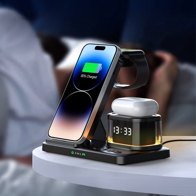 Cargador de coche, estación de carga inalámbrica con reloj despertador digital, estación de carga para múltiples dispositivos, soporte de carga inalámbrica de 15 W para iOS y Android