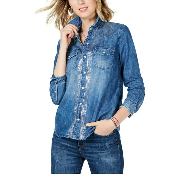 Lucky Brand Womens Western Button Up Shirt, Blue, X-Small 
