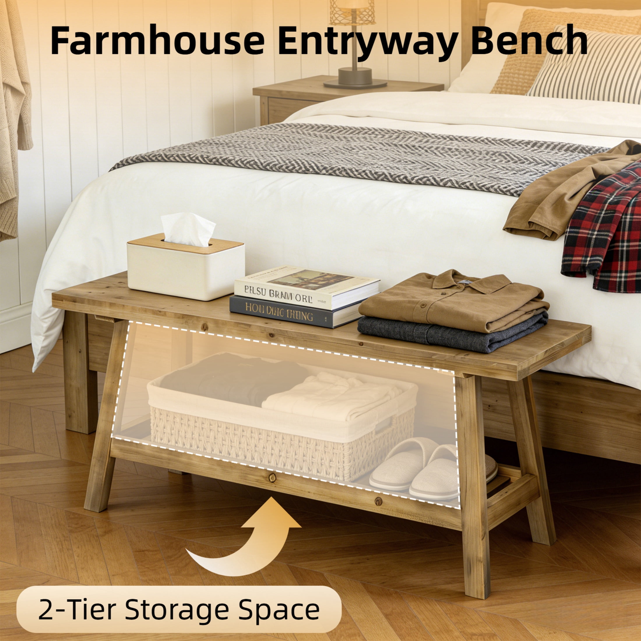 Noble House Farmhouse Wooden Entryway Bench, Distressed Wood 2-Tier Narrow Storage Bench with Open Shelf, Gray