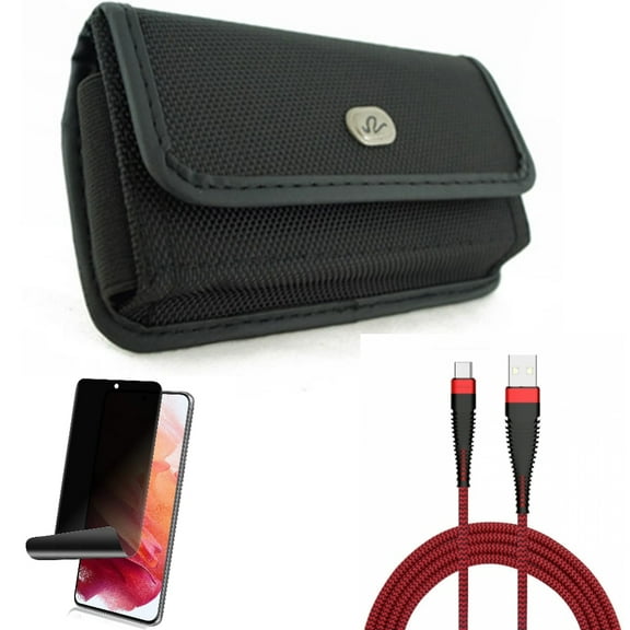 Case Belt Clip & Privacy Screen Protector & 10ft USB Cable for Samsung Galaxy S22 (6.1") - Rugged Holster & TPU Film Fingerprint Works & Type-C Charger Cord Accessory Bundle