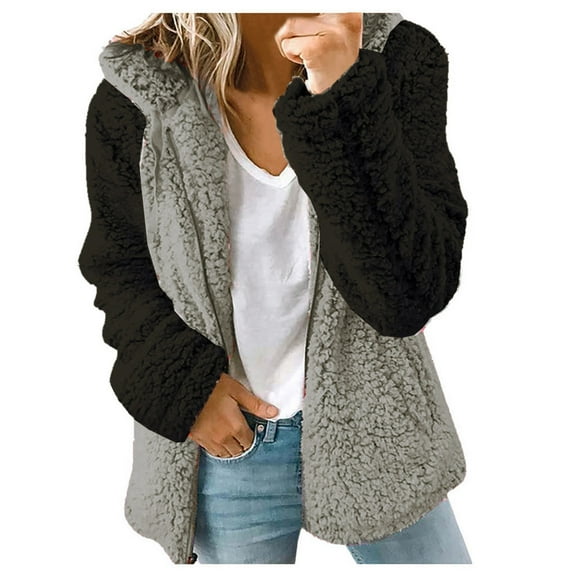 Fesfesfes Coat for Womens Warm Faux Coat Jacket Winter Splicing Zipper Solid Long Sleeve Outerwear