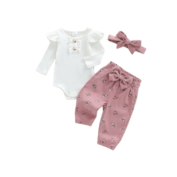 Loicainy Infant Baby Girls Fall Clothes Set 3 6 9 12 Months Long Sleeve Romper with Floral Pants and Headband Outfits
