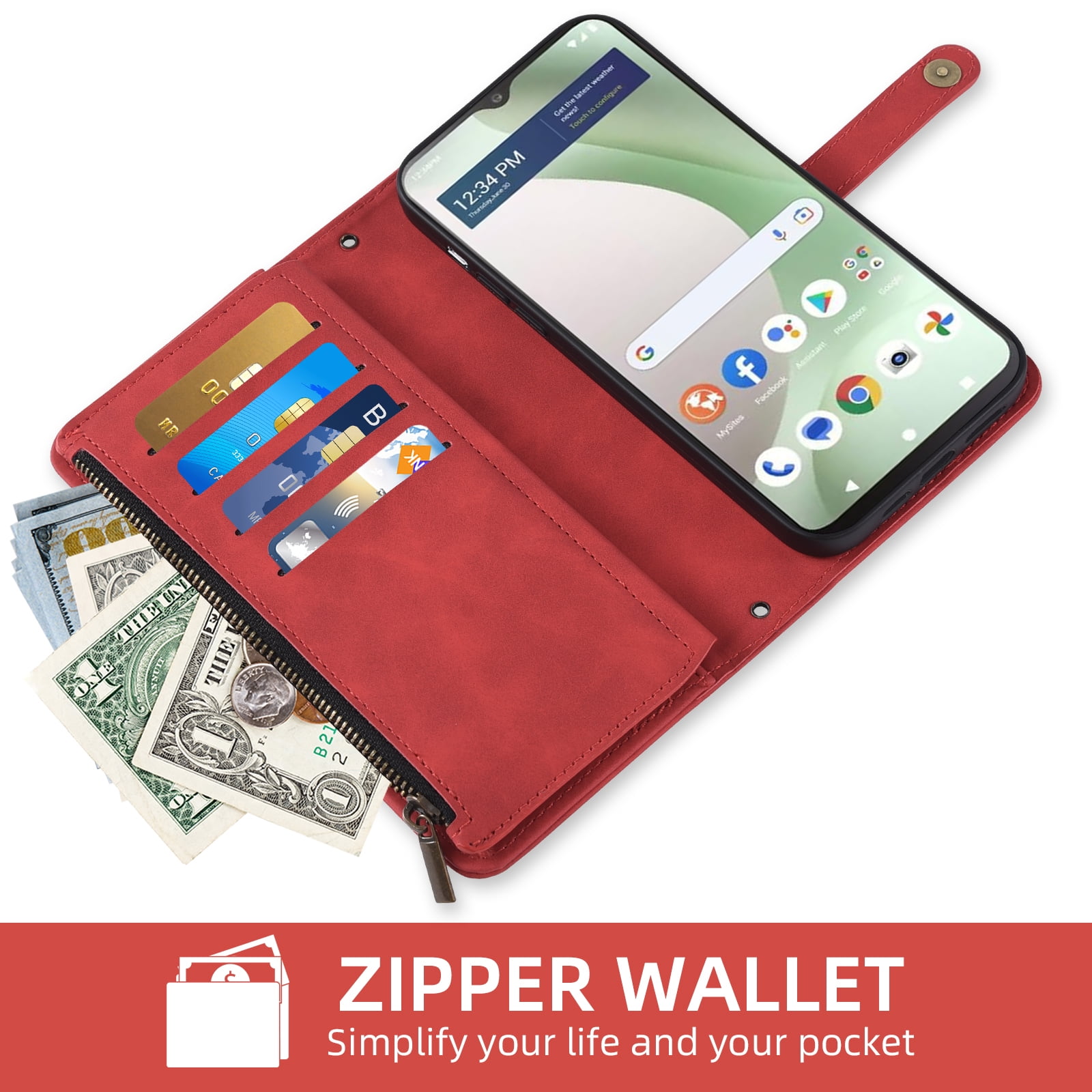 Asuwish Phone Case for Tracfone BLU View 5 B160V Wallet Cover With Tempered Glass Screen Protector Crossbody Wrist Strap Flip Pattern Zipper Credit Card Holder Cell Trac Fone BLUE View5 160V 2024 Red