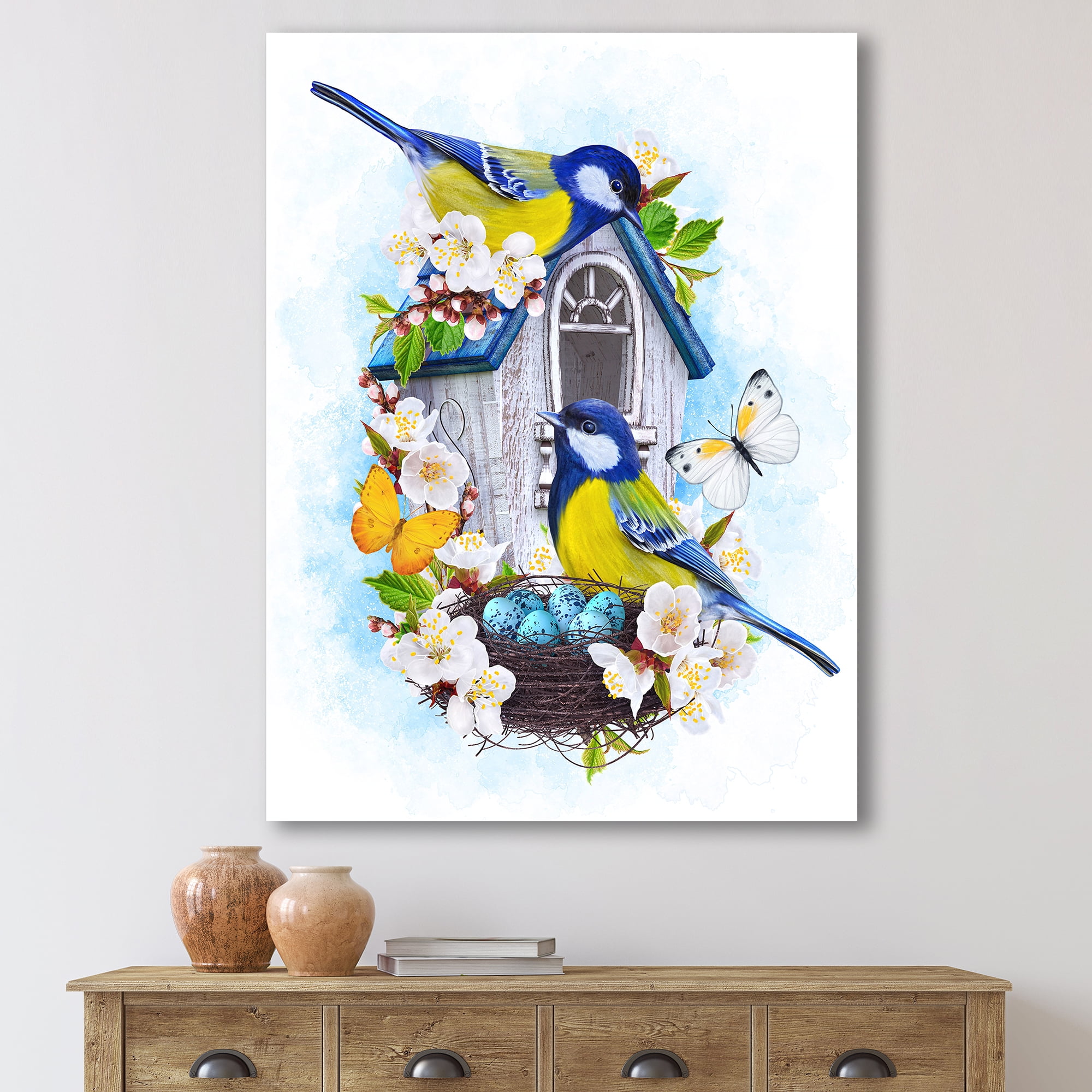 Two Tit Birds Sitting Near The Nest With Eggs and White Flowers I 12 in x 8 in Painting Canvas Art Print, by Designart