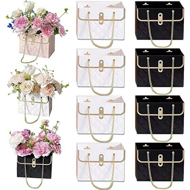 Zhuge Caja de regalo de papel con flores, 8 unidades, bolsas para ramos, caja de flores con asa, cajas de flores para el día de San Valentín, bolsas para envolver regalos (blanco + negro)