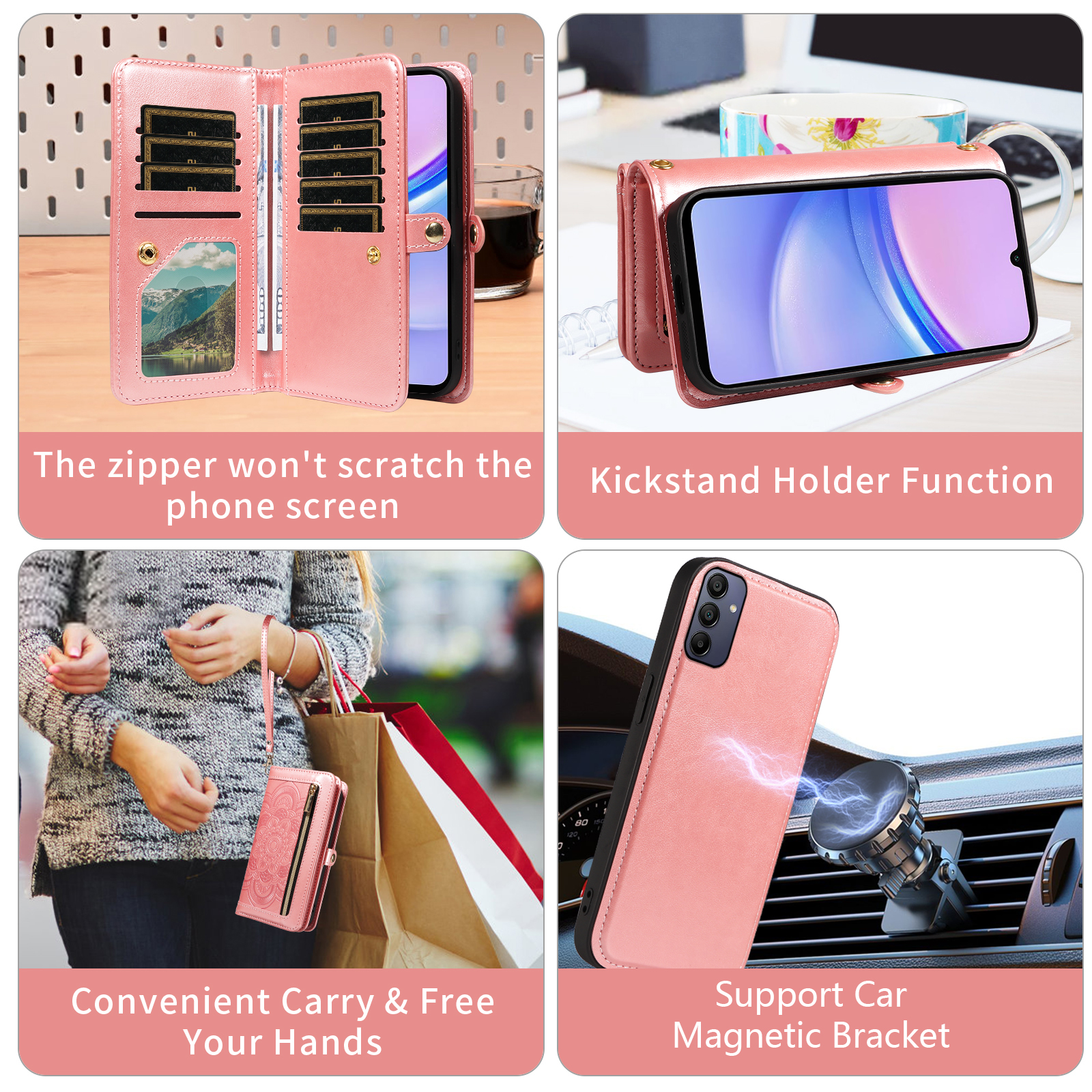 Asuwish Phone Case for Samsung Galaxy A15 5G/4G Zipper Wallet Detachable Cell Cover with Tempered Glass Screen Protector Crossbody Lanyard Strap Flower Flip Card Holder A 15 G5 15A Women Rose Gold