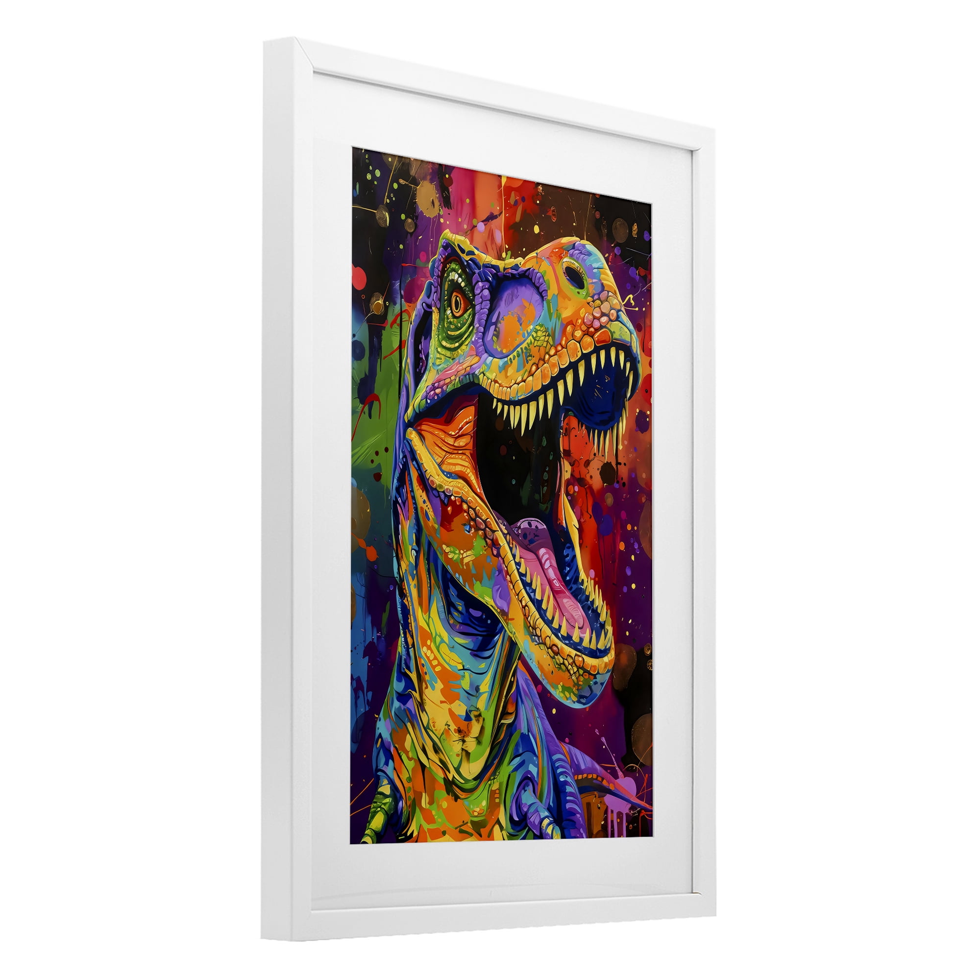 Stupell Industries Paint Splatter Urban T-Rex White Framed Print Under Glass, design by Creative Studio