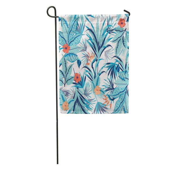 POGLIP Green Hawaii Tropical Flowers Blue Palm Leaves Swatch Paradise Over Hawaiian for Retro Garden Flag Decorative Flag House Banner 28x40 inch