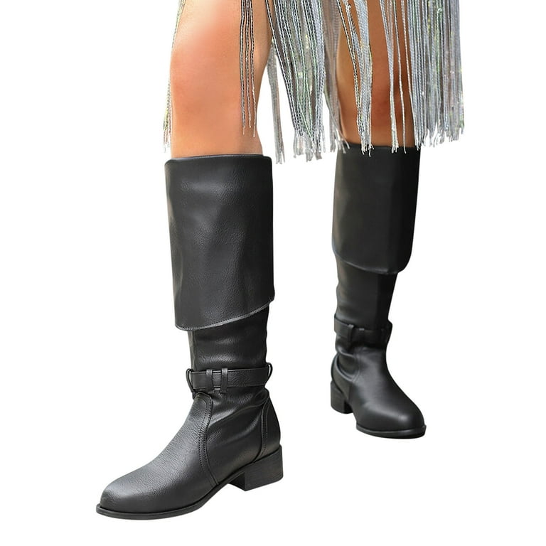 KIJBLAE Women's Knee High Boots Buckle Fold Over Leather Boots