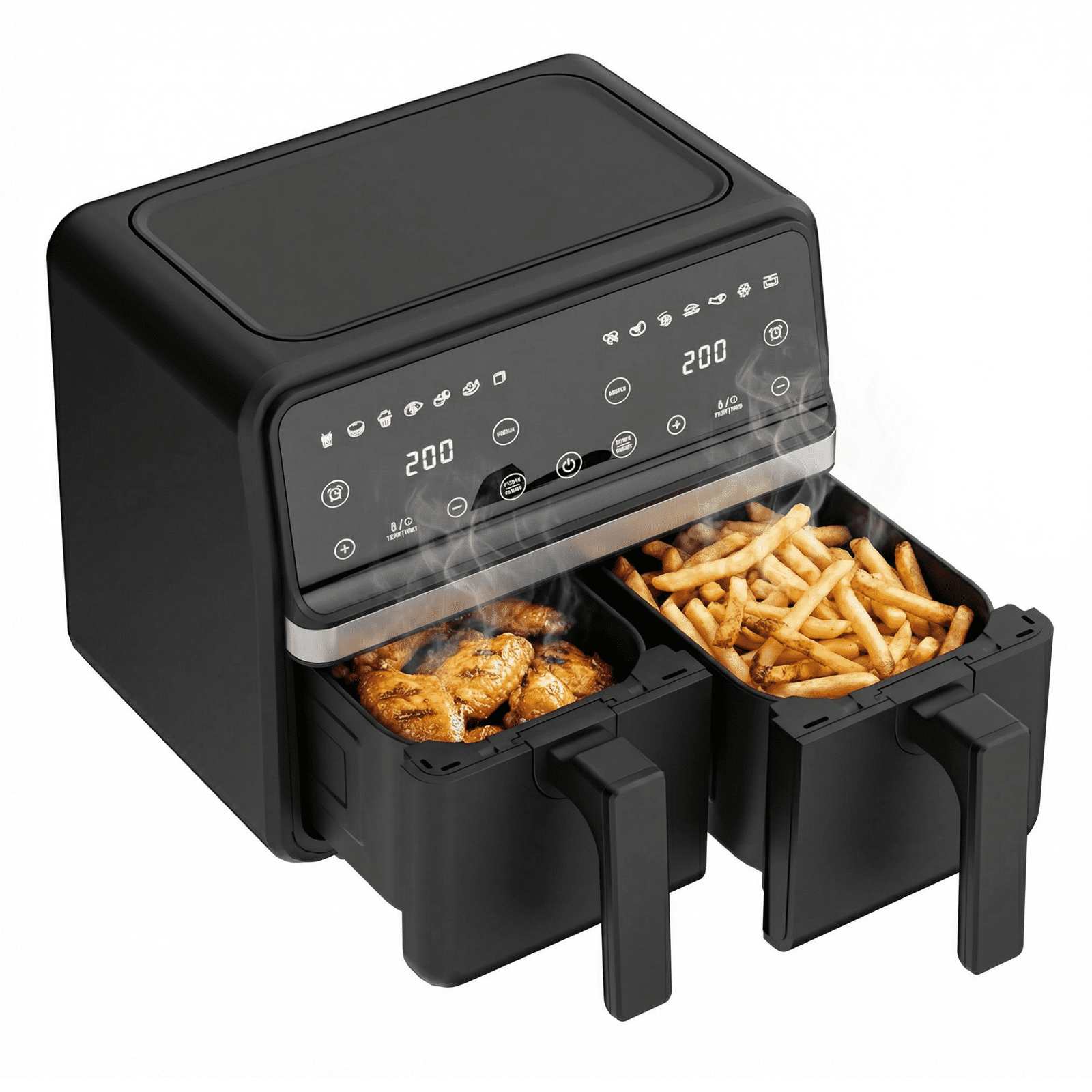Dual Basket Air Fryer, XL Basket for 6 LB Whole Chicken, Double Stack Compact Design, 14-in-1 Functions with Reheat, Dehydrate, Black