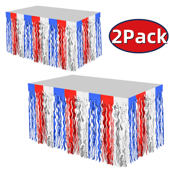 4th of July Patriotic Party Table Skirt Red White and Blue Tinsel Foil Fringe Table Skirt for 4th of July Party Supplies 29''x108' 2Pack