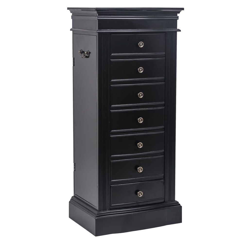 Classic Jewelry Armoire With Mirror 7 Drawers & 24 Necklace Hooks 2 Side Swing Doors Black