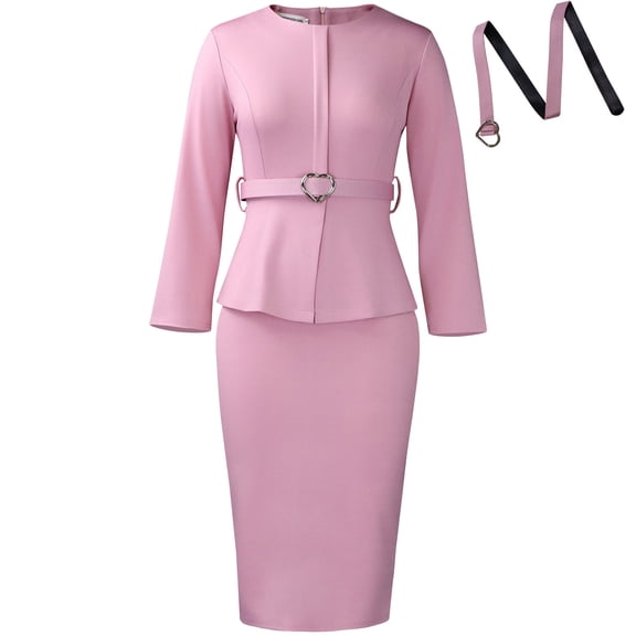 AURA Plus Size Elegant Round Neck Pencil Midi Dress Nine Sleeve High Waist Office African Work Dress with Belt