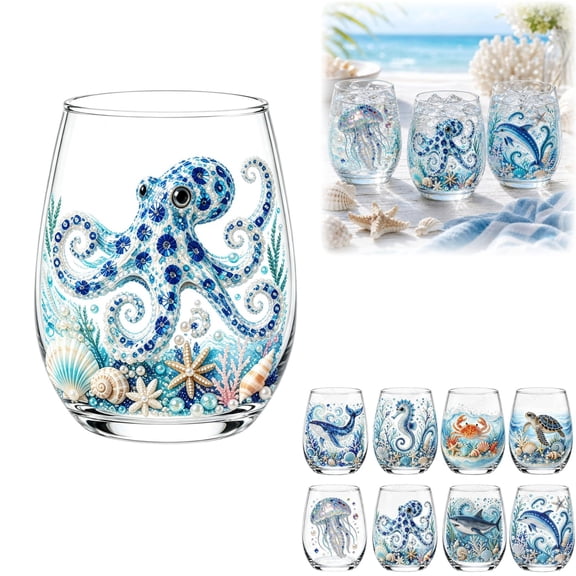 Artisanal Blue Ringed Octopus Glassware,3D Ocean Animal Artisan Glassware Collection,Stemless Wine Glass 15oz,Octopus Drinking Glass,Coastal Decor(B: Octopus)