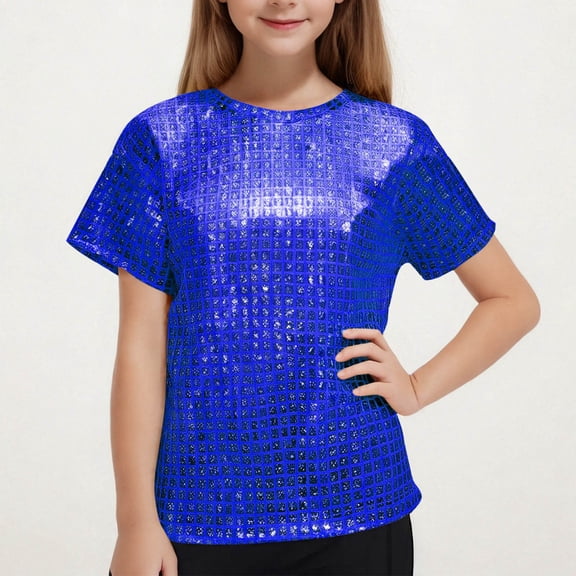 Ynynloco Girls' Short Sleeve Metallic Grid T-Shirts – Concert Sequin Disco Loose Party Tops for Kids – Sizes 3–16
