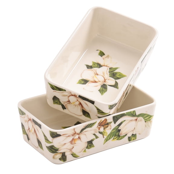 Bico Magnolia Floral Stoneware Small Baking Dish Set, Set of 2, Lasagna Pan, Rectangular Baking Pan, Casserole Dish, Microwave, Dishwasher and Oven Safe