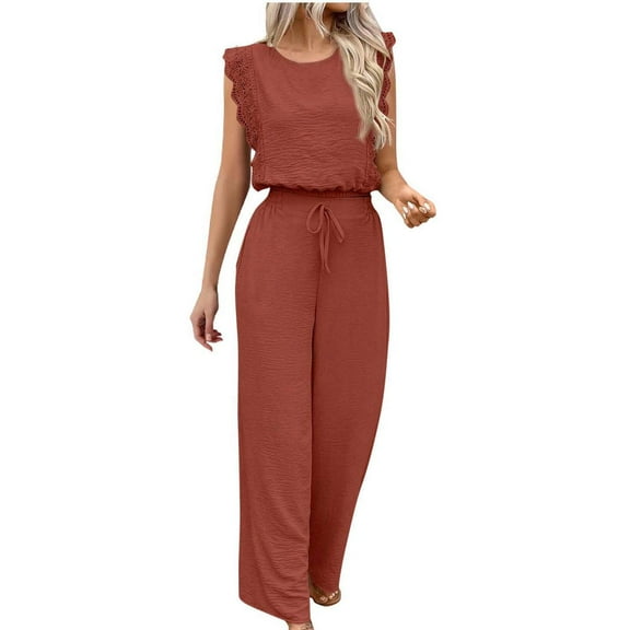 ABATAB Jumpsuits for Women Summer Ruffle Sleeveless Crewneck Rompers Drawstring Long Trendy Clothing with Pockets