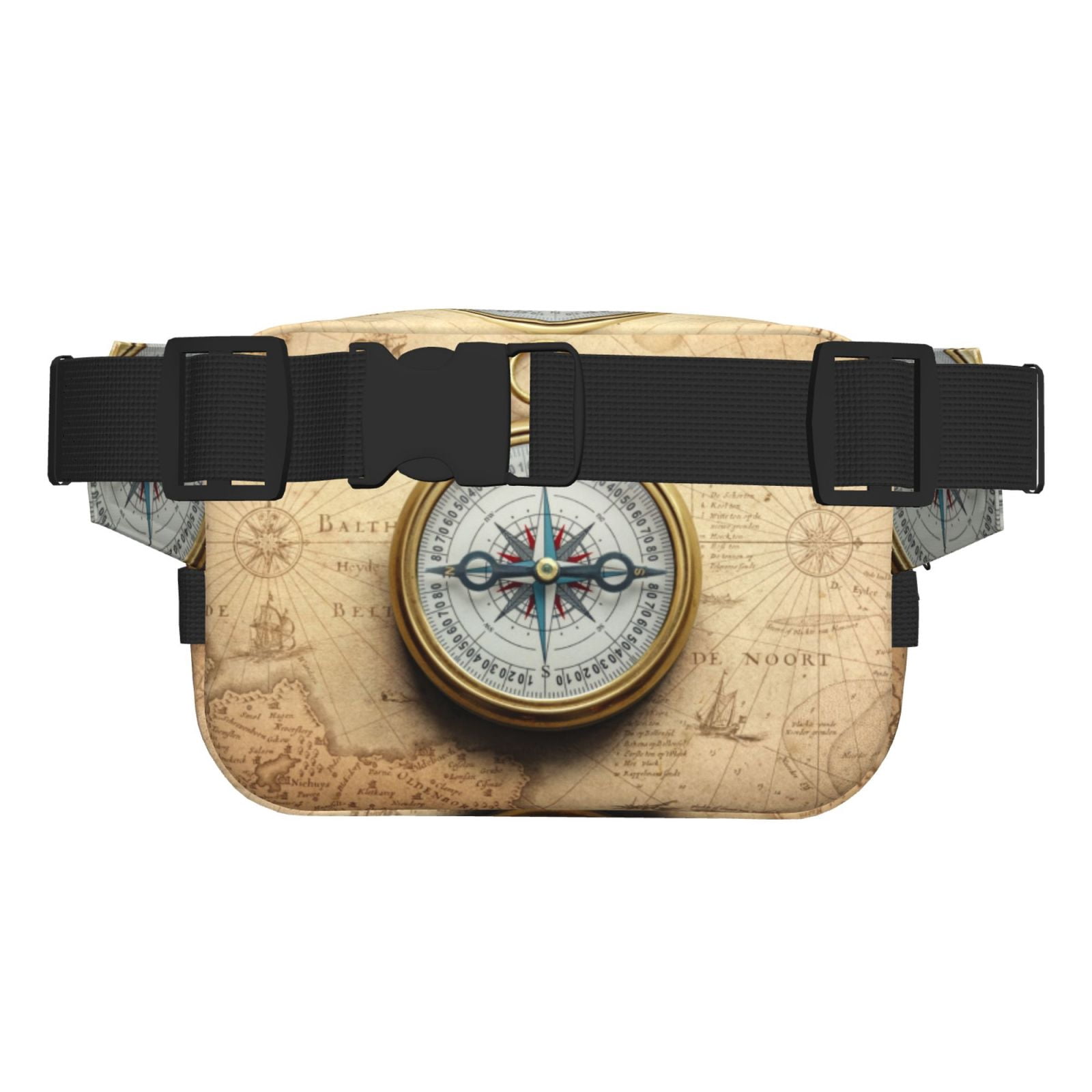 Picia Magnetic Old Compass On World Map Print Square Double-Layer Waist Bag Mini Adjustable Waist Belt Bag Exercise Running Travel Hiking