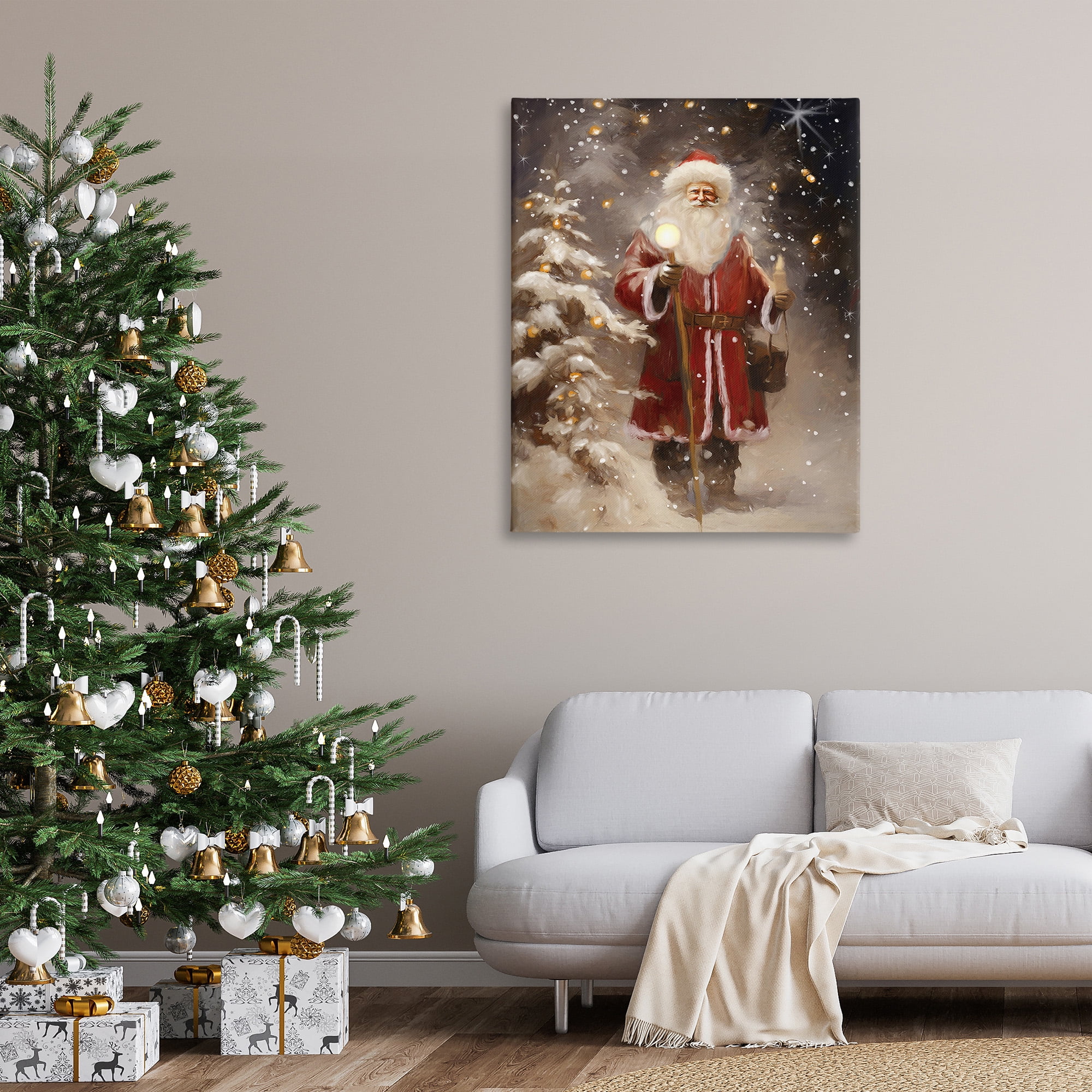 Stupell Industries Santa in Snowy Night Scene Holiday Painting Gallery Wrapped Canvas Art Print Wall Art, 36 x 48