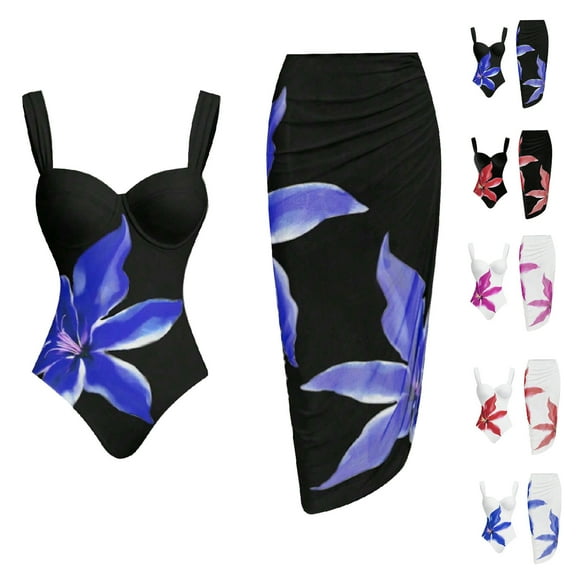 Delliss Women One-Piece Swimsuit with Cover up Wrap Skirt Sarong Bathing Suit Beach Outfit Summer S-XL