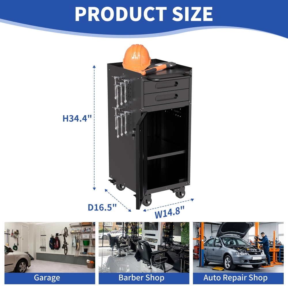 34.3" Narrow Rolling Tool Cabinet - Space-Saving Garage Storage with Lockable Door, 2 Drawers and Large Handle, Slim Metal Organizer for Tight Spaces