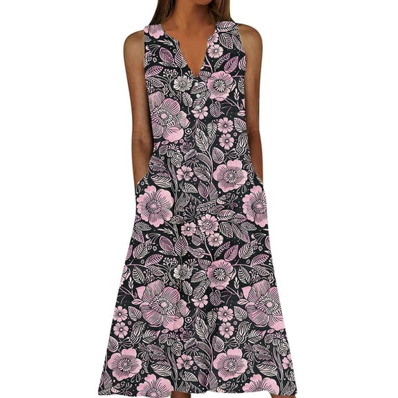 Tnhcen Women's Summer Sleeveless V Neck Printed Dress With Pockets 4 - Way Stretch Loose Fit Plus Size S - 5XL, Breathable Casual Daytime Dress For Women