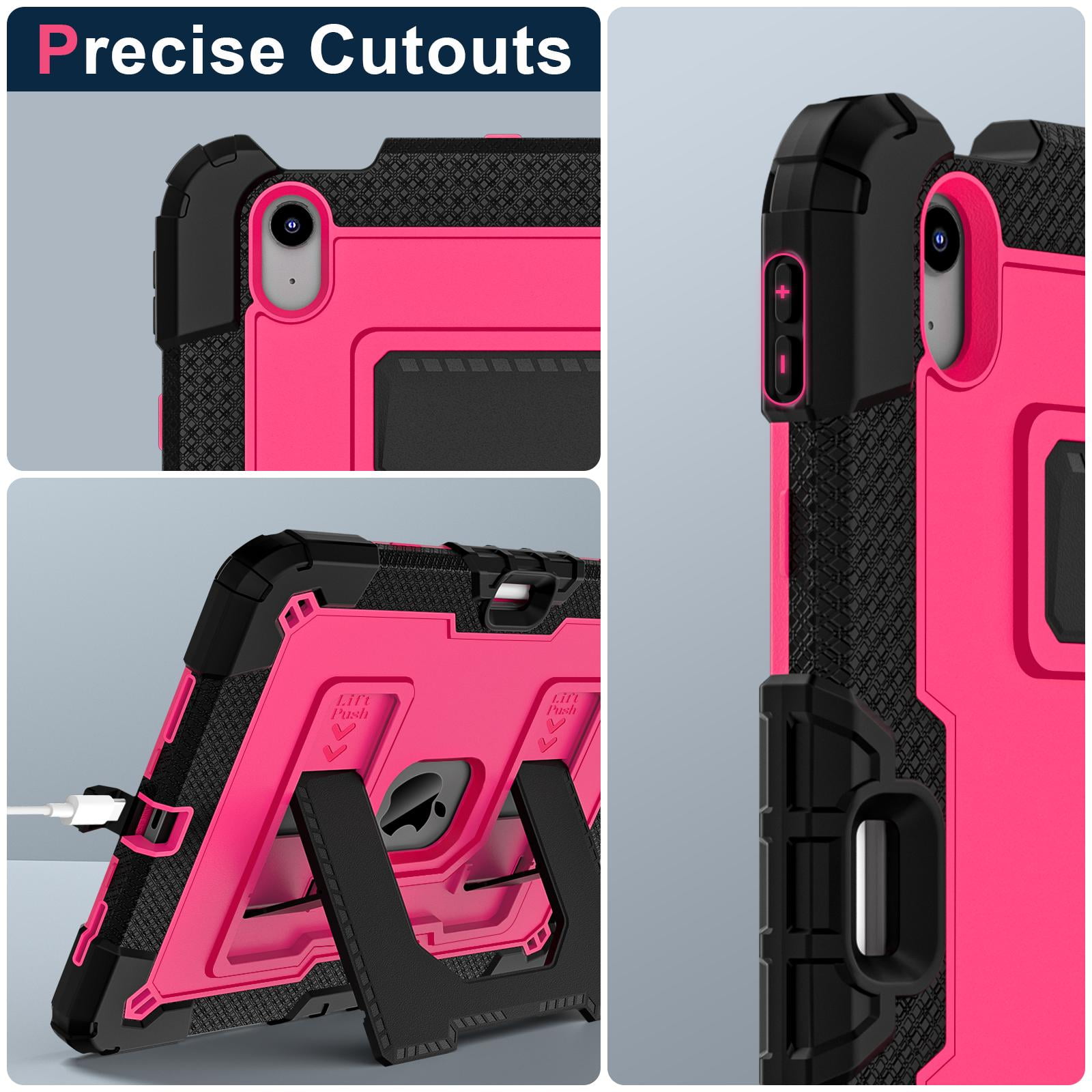 ELEHOLD 3-Layer Rugged Case For Apple iPad Air 11 (2025 / 2024) Heavy Duty Shockproof Cover, [Drop Protection], [Logo Visible], With Kickstand & Pencil Holder & Shoulder Strap, Black+Rose