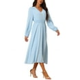 thumbnail image 4 of INSPIRE CHIC Women's Casual Long Sleeve Midi Fall Dresses V Neck Vintage Smocked Waist Flowy Long Dress Blue M, 4 of 5