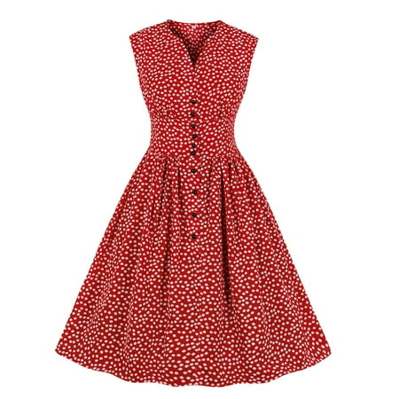 

amlbb Summer Dresses for Women 2023 Women s Summer Split Neck Mid Waist Floral Button Printing Vintage Tea Dress Dresses on Clearance