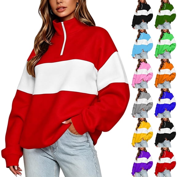 Quarter Zip Sweatshirt Women Stand Collar Color Block Fleece Pullover Lightweight Casual Loose Long Sleeve Fall Sweatshirt No Hood Black S