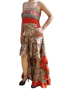 Mogul Women's High Low Dress Recycled Silk Ruffle Tiered Design Summer Trendy Printed Flowy Strapless Gypsy Hippie Chic Bohemian Sundress M/L