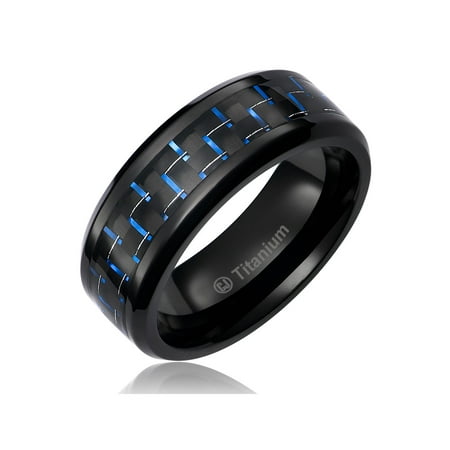 Black Titanium Ring Band - Mens Wedding Band in Titanium 8MM Ring Black Plated with Black and Blue Carbon Fiber Inlay