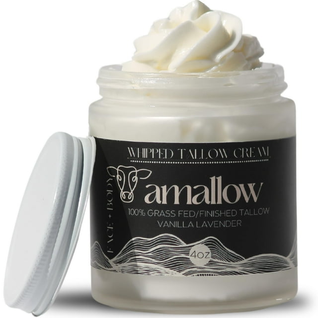 Amallow sebo de carne alimentado con pasto para el cuidado de la piel - Cara + Cuerpo - Hidratante batido - Loción natural 4 FL. onz. (vainilla lavanda)