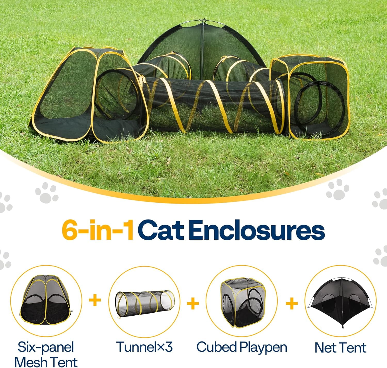 SPECSTAR Outdoor Cat Enclosures 6-in-1 Outside Large Playground Include 2 Cat Tent, 3 Cat Tunnel, Cat Playhouse, Cat Leash, Mint Ball for Feline Friends to Explore in Yard, Balcony, Camping