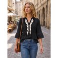 thumbnail image 2 of INSPIRE CHIC Women's V Neck Front Tassel Ornaments Fringe 3/4 Sleeve Top S Black, 2 of 6