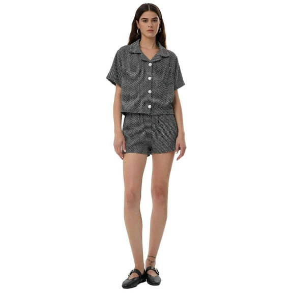 Buttoned Short-Sleeve Tweed Blouse