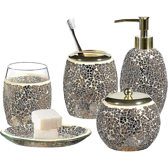 Whole Housewares Bathroom Accessory Set 5-Piece Decorative Glass Bathroom