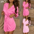 thumbnail image 2 of Feancey 3PC Satin Bath Robes for Women Short Nightgowns Soft Silky Long Sleeve Wedding Party Robe Knee Length Casual Bathrobe with Belt Pink Free Size, 2 of 10