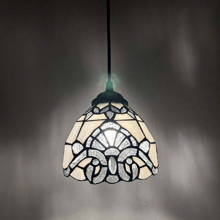 Tiffany Style Mini Hanging Lamp White Stained Glass Baroque Style LED Bulb Included 6”W*6”D*50”H