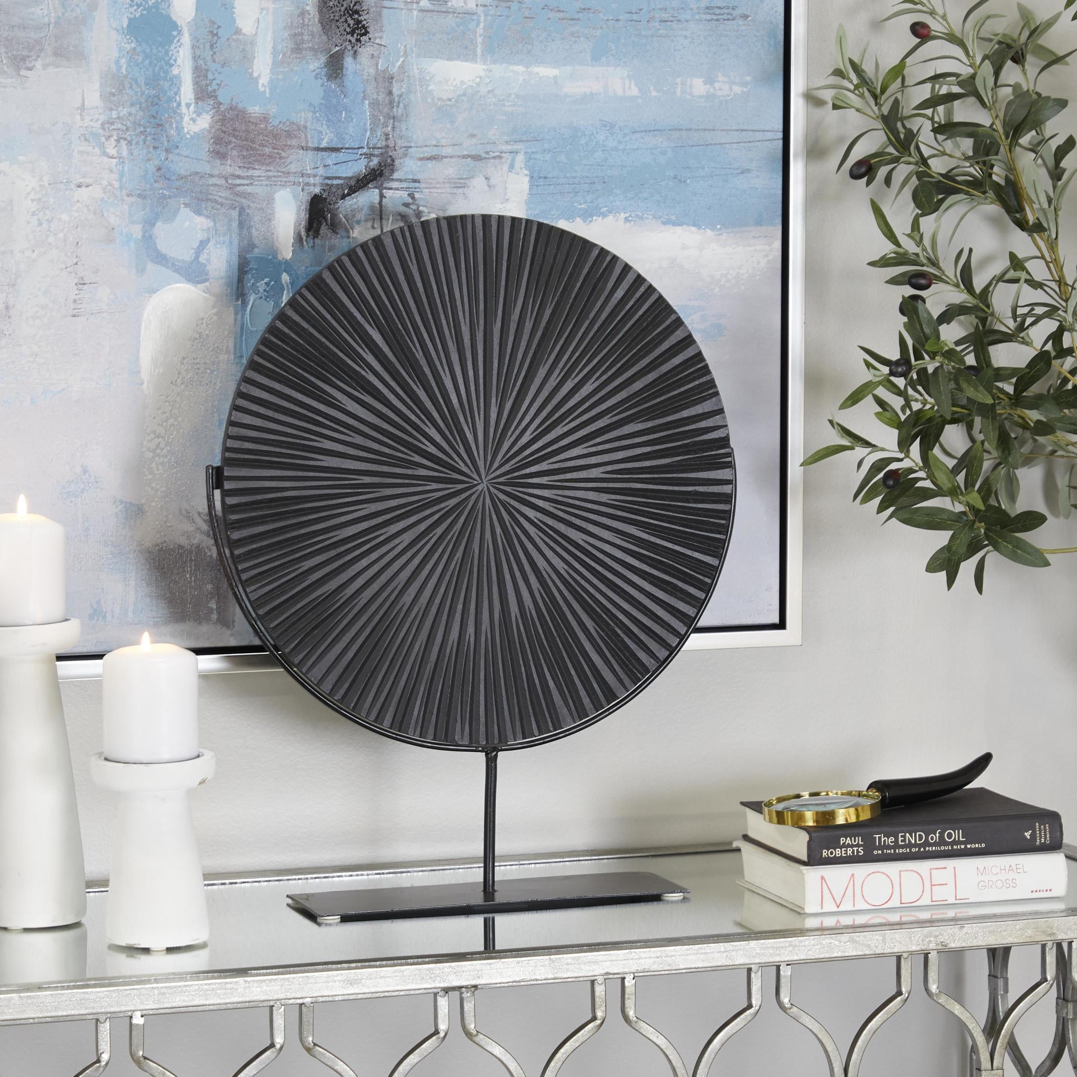 18" x 23" Black Wooden Textured Round Disk Starburst Sculpture with Stand, by CosmoLiving by Cosmopolitan
