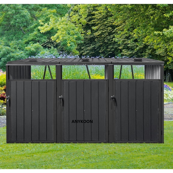 Anykoon Stores 3 Trash Cans Garbage Bin Shed equipped with individually lifting lids and opening doors at the front Metal Outdoor Bin Shed for Garbage Storage, Black