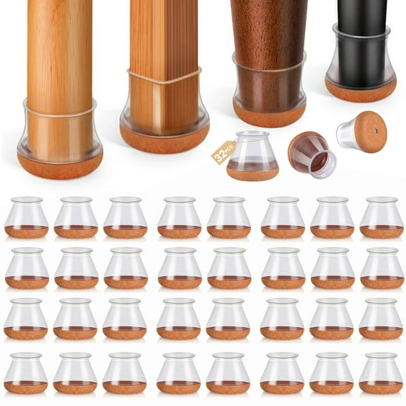Kocwell Chair Leg Floor Protectors for Hardwood Floors with Felt Pads Covers to Protect Wood Furniture Leg Feet Cup Silicone Caps 32pcs Furniture Pads No Noise (Clear 0.76"-1.18")
