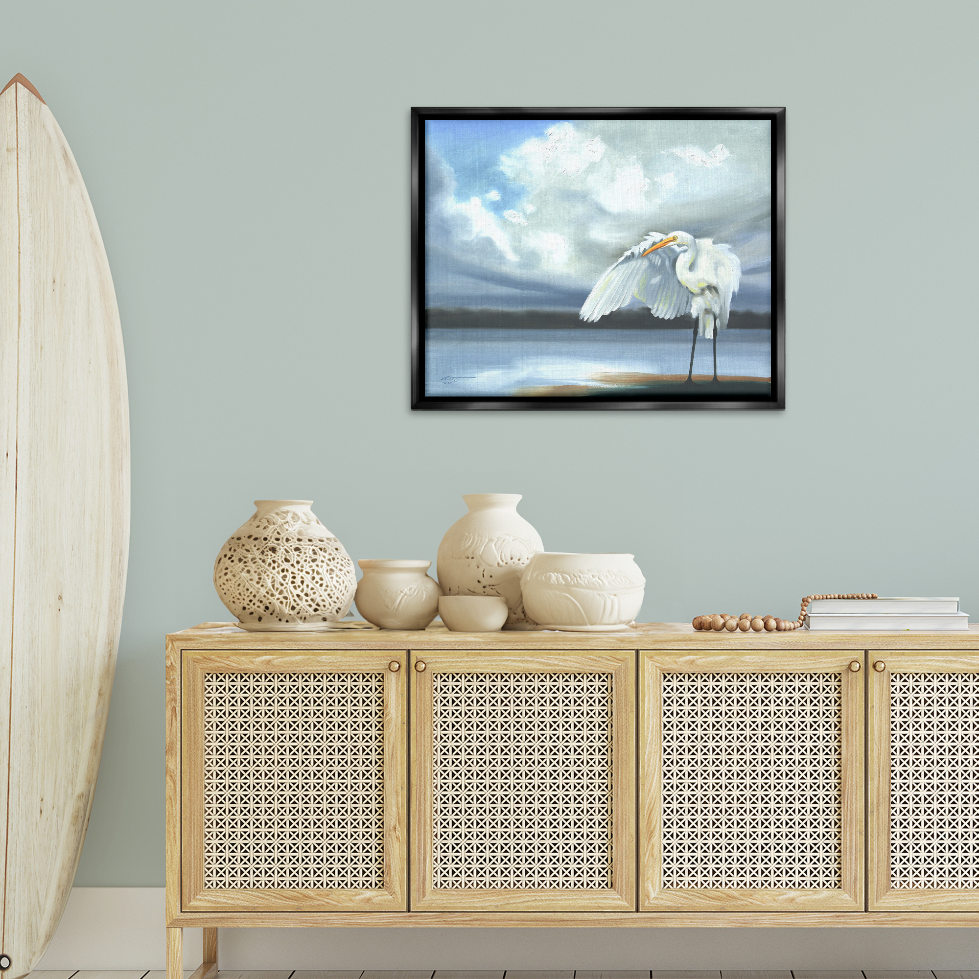 Stupell Industries Egret on Cloudy Beach Shore Animals & Insects Painting Black Floater Framed Canvas Art Print Wall Art, 31 x 25
