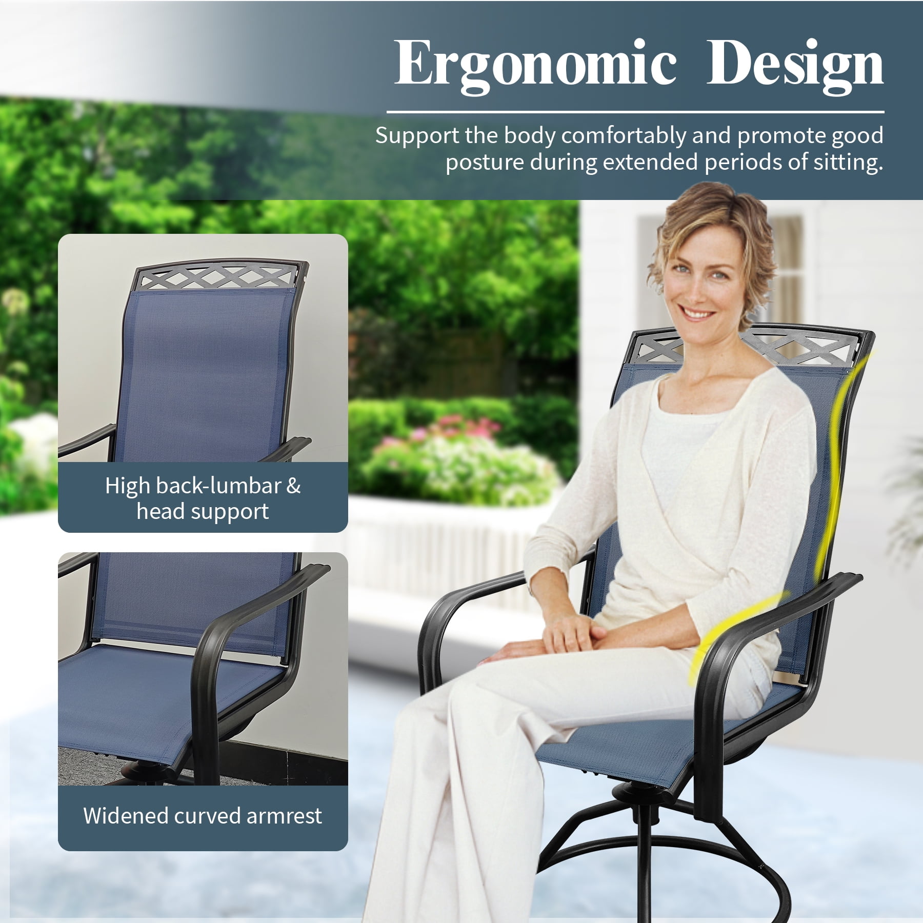 Patio Swivel Dining Chairs Set of 2,Outdoor Swivel Rocker Patio Chairs with All Weather Textilene High Back Metal Frame,for Backyard, Porch, Garden & Lawn (Blue)