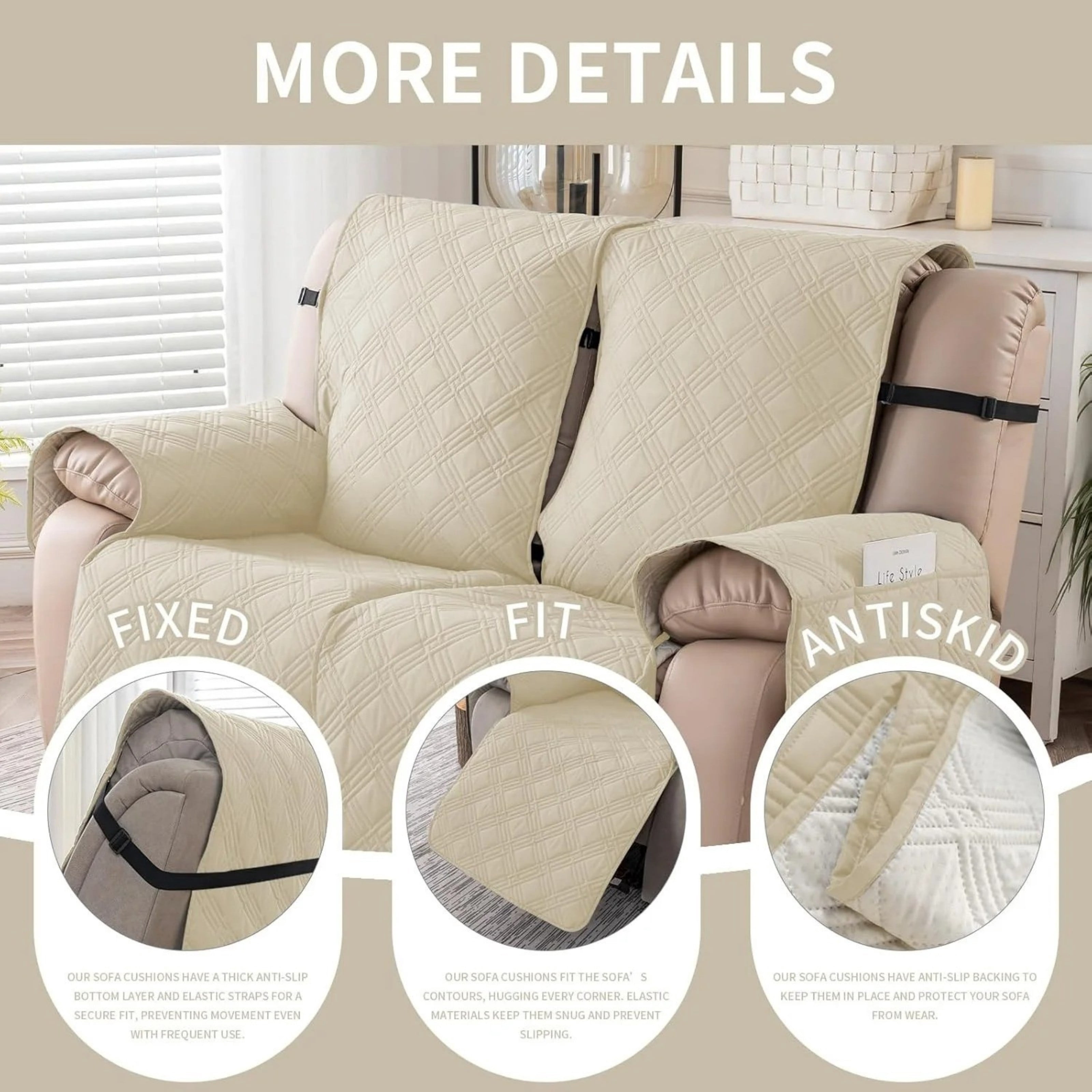 Lavish Cover 100% Waterproof Recliner Loveseat Cover, 2 Pieces Non-Slip Recliner Couch Slipcovers, Washable Furniture Protector with Pockets & Elastic Straps for Kids Pets, 2 Seaters, Beige