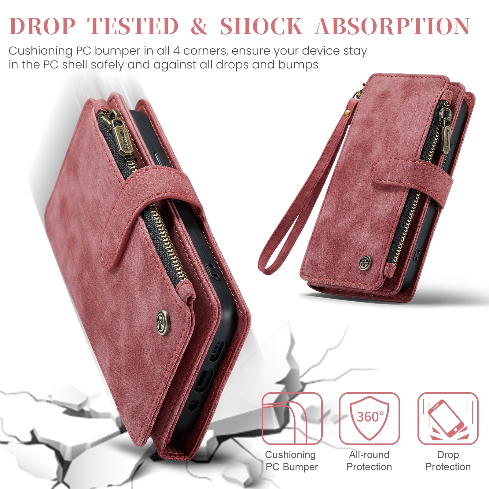 Dteck for iPhone 15 Pro Case with Card Holder, Premium iPhone 15 Pro Wallet Case for Women Men, Heavy Duty Durable PU Leather With Flip Zipper Pocket Phone Case w/ Wrist Strap Lanyard,Red