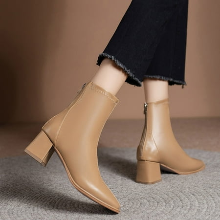 

Akiihool Boots for Women Womens Pointed Toe Stacked Mid Heel High Top Ankle Shaft Boot Bootie (Khaki 7.5)