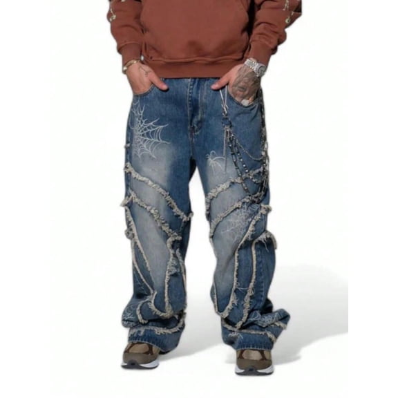Reppunk Men's Vintage Blue Spider Web Embroidered Frayed Patch Wide Leg Baggy Jeans, Raw Edge Layered Stacked Denim Pants, Streetwear Business Casual Daily Commute Trousers